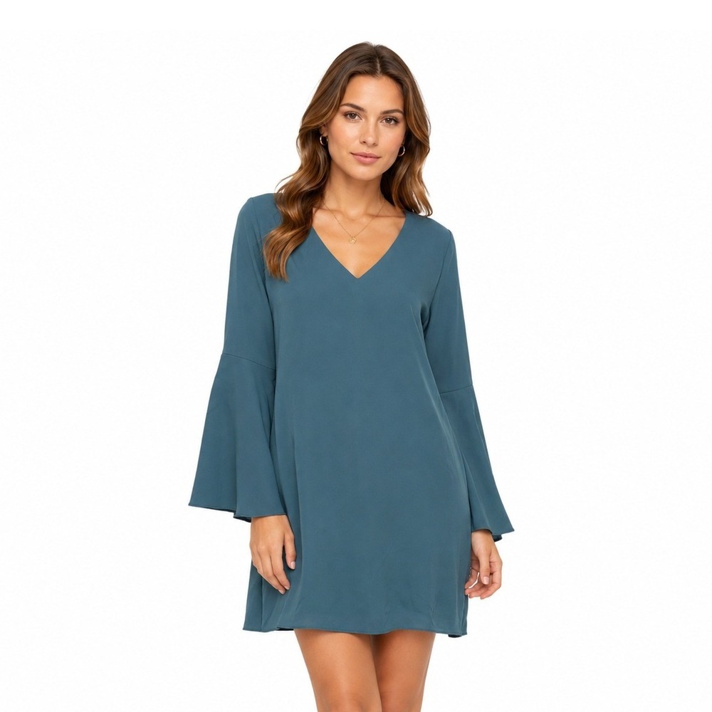 Sugar Lips Shift Dress Womens Size Medium Teal Blue Bell Sleeve V Neck